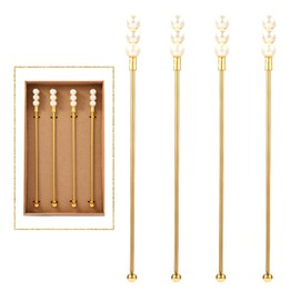 Exquisite Gold Pearl Stainless Steel Coffee Beverage Stirrers Stir Cocktail Drink Swizzle Stick for Wendding Party Value Pack, Hostess Gifts Set of 4, 7.5 Inches Long