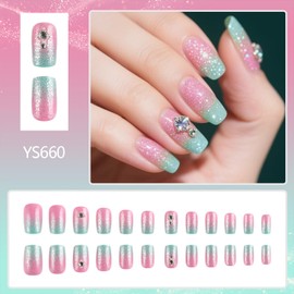 QEYRIYI Pink Green Press on Nails Medium Square Fake Nail with Glitter Rhinestones Designs Pink Green Ombre False Nails Acrylic Glue on Nail Full Cover Artificial Stick on Nail for Women 24 Pcs