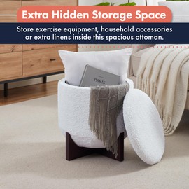 Ornavo Home Decor Round Ottoman with Storage, Boucle White Teddy Round Vanity Chair Stool Ottoman Pouf with Storage for Living Room and Bedroom