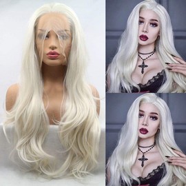Blonde Wig White Lace Front Wigs for Women Long Wavy Realistic Natural Hairline Platinum Blonde Curly Synthetic Lace Front Wig Glueless Heat Resistant Fiber Hair Cosplay Daily 26 Inch