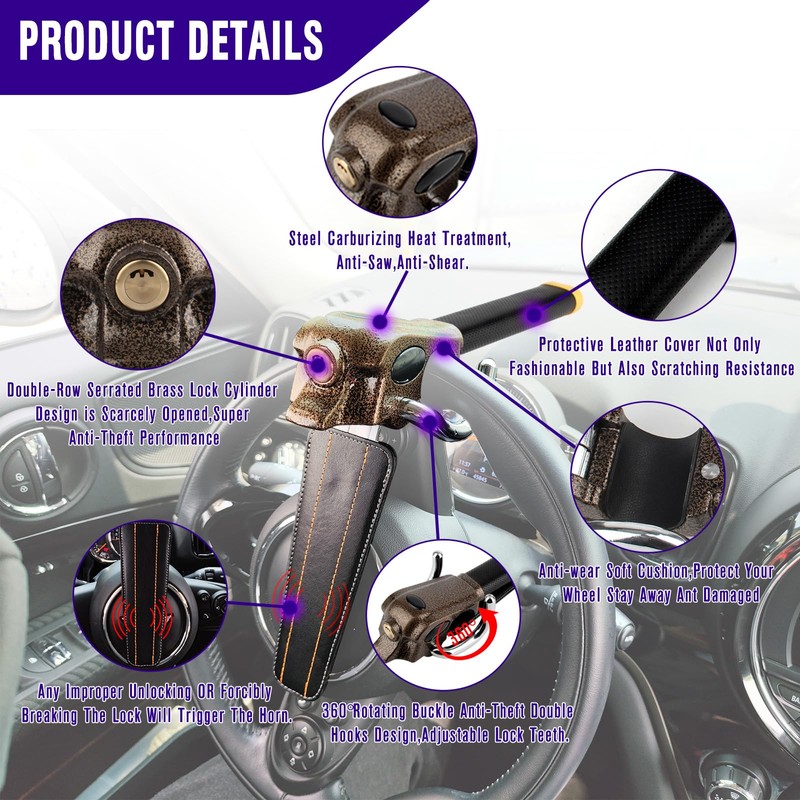 OPL5 Car Steering Lock, Heavy Duty Universal Anti-Theft Locking Devices,