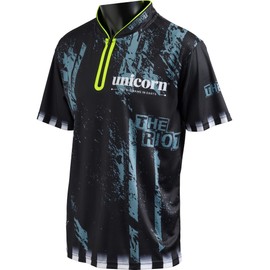 Unicorn Callan Rydz Darts Shirt | The Riot Logo | Cool Breathable Soft-Feel Micro Mesh 3-Tuk Polyester | Blue & Black with Fluro Neck Detail | Large to fit Chest 41-43 inches