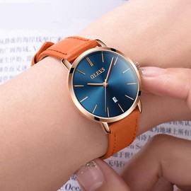 OLEVS Women's Watches for Ladies Female Wrist Watch Navy Blue Dial Brown Leather Band Waterproof Thin Minimalist Fashion Casual Simple Dress Quartz Analog Classic Gifts with Date Calendar Rose Gold