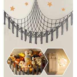 Stuffed Animal Hammock Corner Storage with LED Light - Toy Hammock Large Plushie Net - Stuffed Animal Holder Hanging Organizer - Teddy Bear Hammocks Room Decorations Preppy Toddler Kids Room Decor