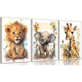 3Pcs Nursery Safari Wall Art Cute Jungle Animal Pictures Boho Woodland Animal Artwork Giraffe Elephant Lion Wall Decor for Baby Boys and Girls Kids Room Home Decoration Unframed