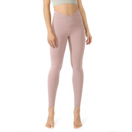 ODODOS Women's Cross Waist 7/8 Yoga Leggings with Inner Pocket, Inseam 25" Gathered Crossover Workout Yoga Pants, Dusty Pink, Medium