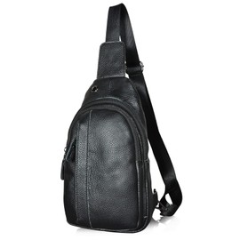 Le'aokuu Men's Genuine Leather Waist Bag Chest Bag Belly Bag Crossbody Bag Sling Bag Shoulder Bag Neck Pouch for Motorcycle Jogging, 010 A2 Black