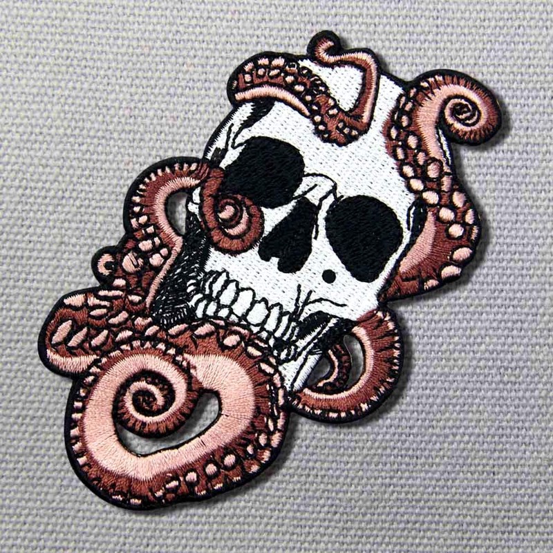 Octopus and Skull Embroidered Badge Iron on or Sew on