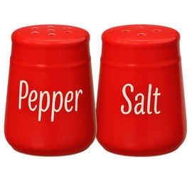 Red Ceramic Salt and Pepper Shaker Set, 2 Ounce Capacity Each, "Salt" and "Pepper" Printed, Dishwasher Safe by Dependable Industries