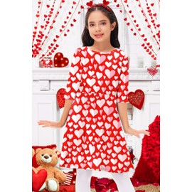 Valentine's Dress for Girls Kids 3/4 Sleeve Sweet Heart Printed Family Photo Red Skater Dress 7-8 Years