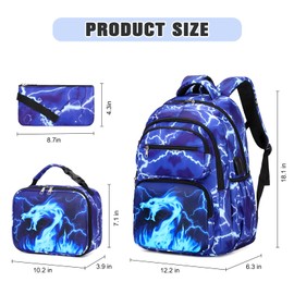 Bevalsa Backpack for Boys, Lightning School Bags for Kids, Bookbag for Boys Girls Teens (Dragon)