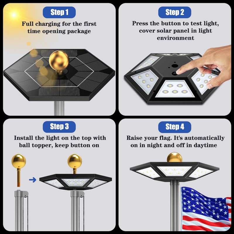 Flag Pole Light Solar Powered Top Mount, 2000Lumen IP67 Waterproof
