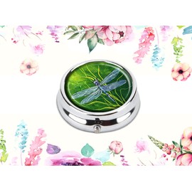 FQJNS Dragonfly and Green Grass Custom Fashion Round Pill Box Tablet Holder Pocket Purse Organizer Case Decoration Box