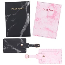 Boyigog 2pcs Luggage Tags and 2pcs Passport Covers,Suitcases Luggage Tag and Passport Holder,Marble PU Leather Cover & Labels Protective Cover for Family Travel Organiser (Black+Pink)