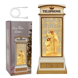 Nativity Scene Snow Globe Lantern - Christmas Water Lanterns with Lights and Glitter - White Telephone Booth Decoration - USB or Battery Powered Musical Box for Adults (Nativitiy)