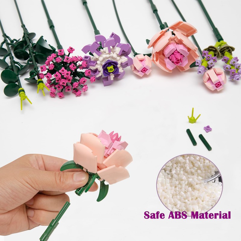 Flower Bouquet Building Set, Artificial Rose Blocks Botanical Toys for