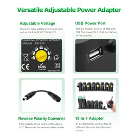 Arkare 30W Universal AC to DC Power Adapter Adjustable Power Supply 3V 4.5V 6V 9V 12V 2A 1A DC Adapter AC 100-240V to DC 3-12V Multi Voltage Switching Power Adapter with 15 Tips + Polarity Converter