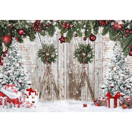 Msocio 10x8ft Polyester Christmas Photography Backdrop Winter White Barn Wood Door Brick Wall Christmas Tree Background for Xmas Festival New Year Holiday Party Decoration Banner Photo Studio Props
