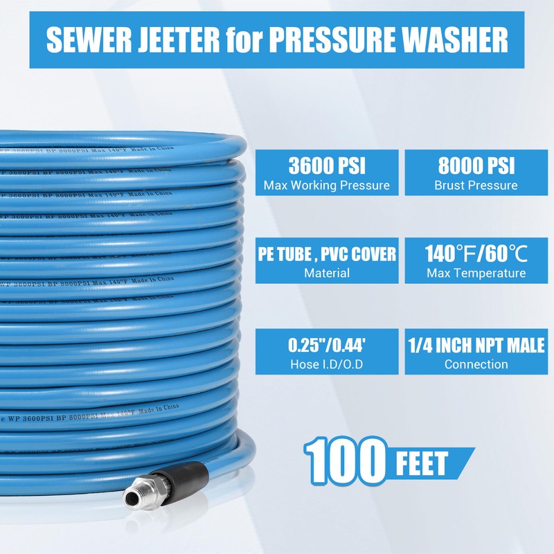 RIDGE WASHER Sewer Jetter Kit for Pressure Washer 100FT, 3600
