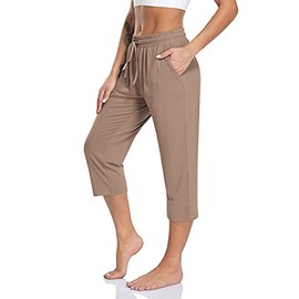 TARSE Womens Capri Yoga Pants Petite Loose Drawstring Capris Workout Sweatpants Casual Summer Soft Lounge PJ Crop Pants (Brown Tan,S)