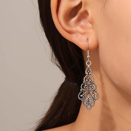 Inateannal Vintage Filigree Drop Earrings Long Hollow Filigree Earrings Silver Filigree Flower Earrings Tribal Ethnic Earrings Jewelry for Women and Girls