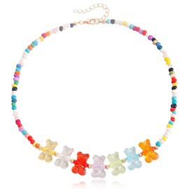 Gummy Bear Acrylic Pendant Necklace Stainless Steel Funny Colorful Cartoon Resin Candy Color Sweet Small Bear Animal Lightweight Chain Necklace for Women Birthday Party Fashion Jewelry Gifts (Bear beaded necklace)