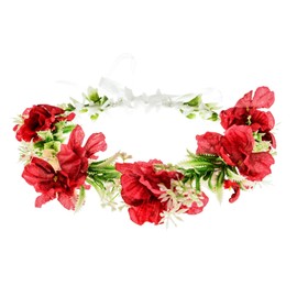 Accesyes Hawaii Hydrangea Headband Boho Green Leaves Floral Woodland Headpiece Flower Hair Wreath for Women Garland with Ribbon Wedding Party Festival Photo Prop (Rose Red, One size)