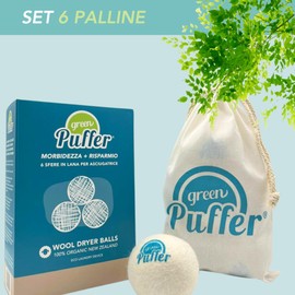 Green Puffer Softness+Savings Set of 6 Dryer Balls – 100% New Zealand Organic Wool – Wool Dryer Balls for Soft Laundry and Reduced Drying Times