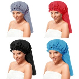 4 Pack Extra Large Shower Cap for Braids/Curly Hair/Dreadlock | Reusable Waterproof Long Bonnets for Women Bath/Cooking/Cleaning/Hair Treatment | Adjustable Bath Cap with Drawstring & Button
