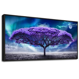 Framed Canvas Wall Art For Living Room Large Size Farmhouse Wall Decor For Bedroom Abstract Scenery Paintings Purple Tree Pictures Artwork Office Decor Dormitory Home Decorations Black Framed 24" X 48"