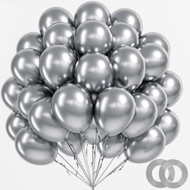 BAUANOOY 100pcs Metallic Silver Balloons 12 inch, Chrome Silver Balloons with Silver Ribbon for Birthday Graduation Baby Shower Wedding Disco Party Decorations