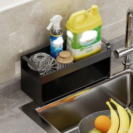 Countertop Sink Caddy, Self Drain Sponge Holder, Kitchen Sink Organizer for Sponge, Soap Dispenser, RV Apartment Drainage Rack, Kitchen Storage Accessories New Home Essential Gadgets (Black)