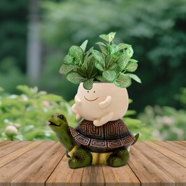 LAUGOKOBE Smily Face Planter Pot Cute Turtle Resin Flower Head Planters for Indoor Outdoor Unique Sit Turtle Succulent Pots Gift IdeaI for Mother and Appreciation Christmas with Drainage Hole