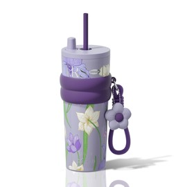 Sidagar 710ml Insulated Tumbler with Lid and Straw Stainless Steel Reusable Leak Proof Water Bottle with Strap Travel Portable Coffee Cup Floral Purple