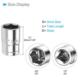 CoCud 6-Point Socket, 1/2" Drive 3/4" Deep, Polished Chromed CR-V SAE Standard Shallow Impact Socket - (Applications: for Ratchet Torque Electric Wrenches Car Repair), 1-Pieces