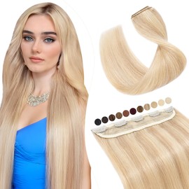Elailite Clip-In Real Hair Extensions, #18P613 Ash Blonde Mix Bleach Blonde, 45 cm, Straight Clip-In Hair Extensions, Real Hair, 1 Weft, 50 g