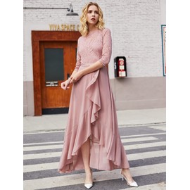 Miusol Women's Elegant Floral Lace Ruffle Bridesmaid Maxi Dress (Medium, Pink)