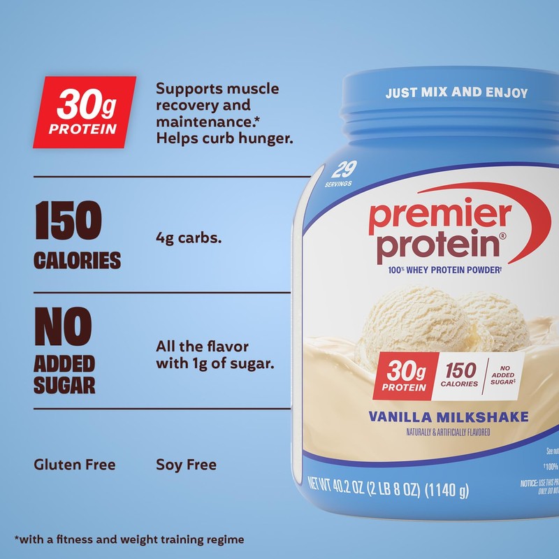 Premier Protein Powder, Vanilla Milkshake, 30g Protein, 1g Sugar, Gluten