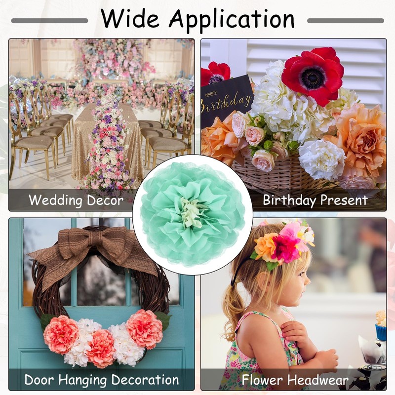 Rebower 6 Pcs Mint Green Paper Flowers, 6" 3D Tissue