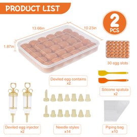 2 Pack 60 Slots Deviled Egg Containers with Lid, Clear Deviled Egg Tray Carrier with Injector Piping Tool Silicone Spatula Piping Bag, Fridge Countertop Stackable Egg Platter for Party Easter Travel