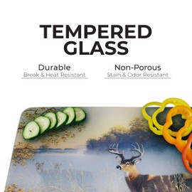 Rivers Edge Products Large 12in x 16in Decorative Tempered Glass Cutting Board, Hypoallergenic, Non Slip, Textured Surface Chopping Board for Kitchen, White Tail Deer, Morning Fog