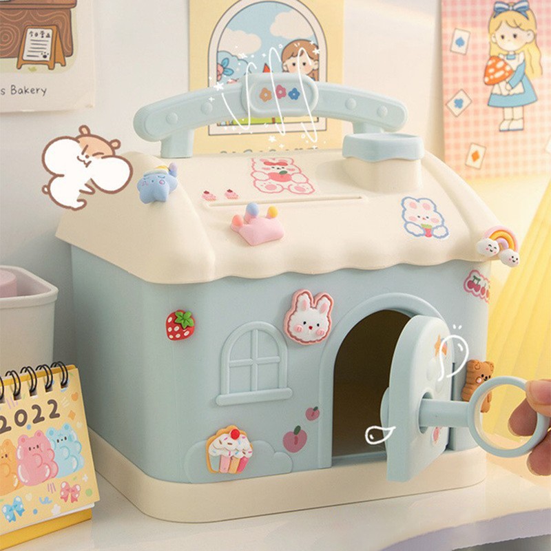 Cartoon House Piggy Bank with 3D Sticker DIY Storage Money