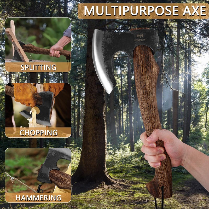 Hatchet Axe, 15.7" Camping Hatchet with Leather Sheath, Bushcraft Axe