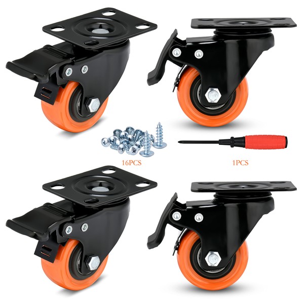 2" Caster Wheels Load 600 Lbs, Orange Polyurethane Castors, Top