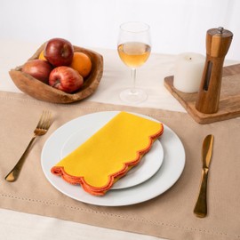 Blue Needles Scalloped Embroidery Cloth Napkins - 100% Cotton Set of 4 Golden Yellow Cloth Napkins Scallop Design, 18 x 18 Inch Soft Reusable Washable Table Decor Spring Summer Easter - Edges - Orange