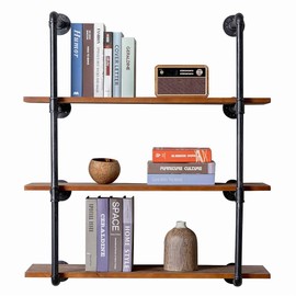 DOFURNILIM Industrial Retro Wall Mounted Iron Water Pipe Shelf - Floating Shelves - Hung Brackets - DIY Storage Shelving Bookshelf - Wood Shelf - 3 Tiers Bookcases