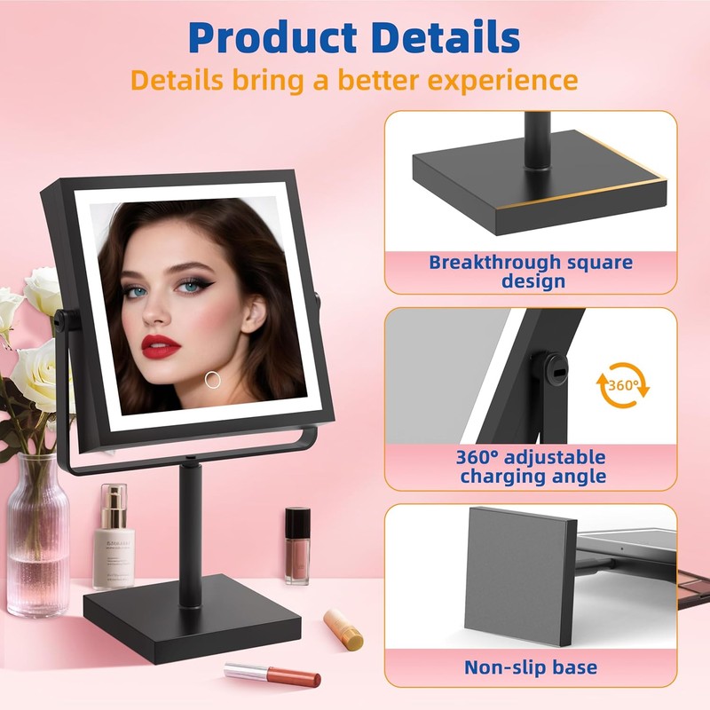 Ruacq Makeup Mirror with Lights, 4000mAh Rechargeable Magnifying Mirror with