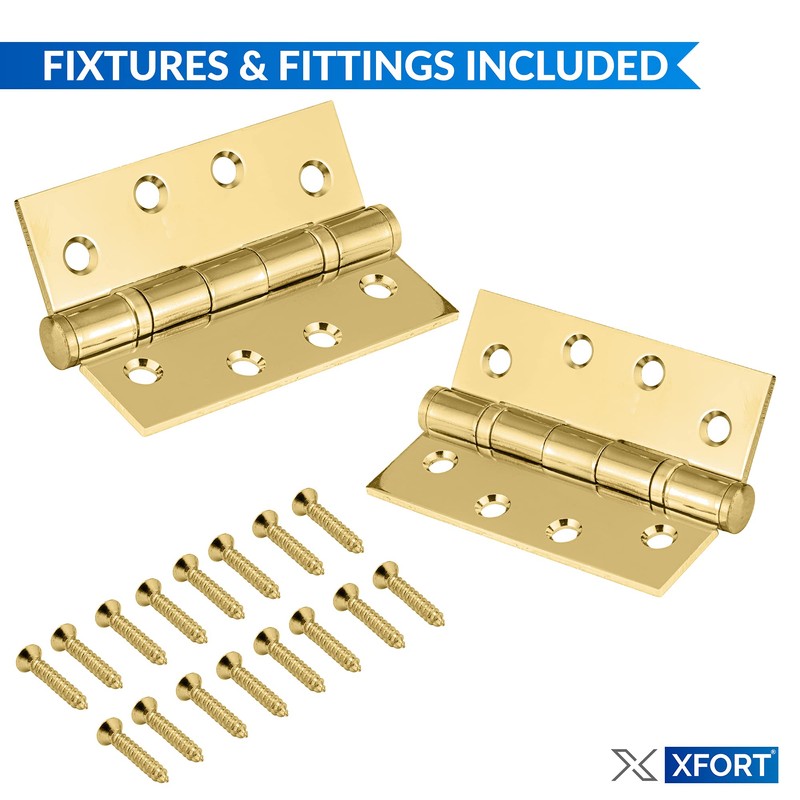 XFORT 4 Inch (100mm) Polished Brass Ball Bearing Hinges, Steel