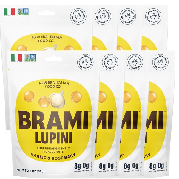 Simply Pickled Lupini Beans Snack by BRAMI | 9g Plant Protein, 0g Net Carbs | Vegan, Vegetarian, Keto, Mediterranean Diet, Non Perishable | 2.3 oz (Garlic & Rosemary, 8 Count)