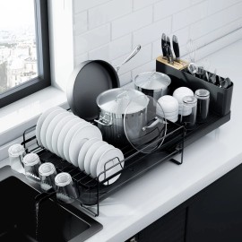 Kitsure Extendable Stainless Steel Dish Drying Rack with Drainboard Black XL